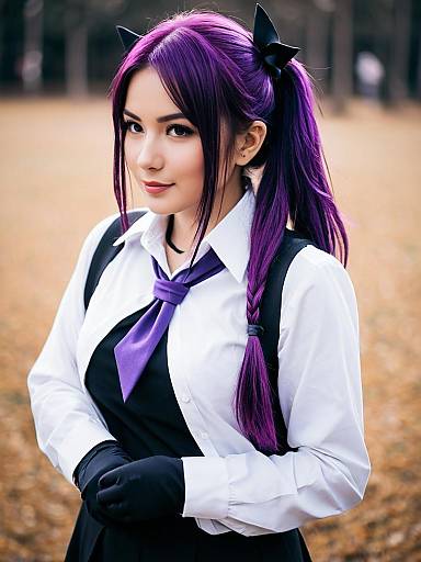 Woman with Purple Hair in Anime-Inspired Cosplay Outfit