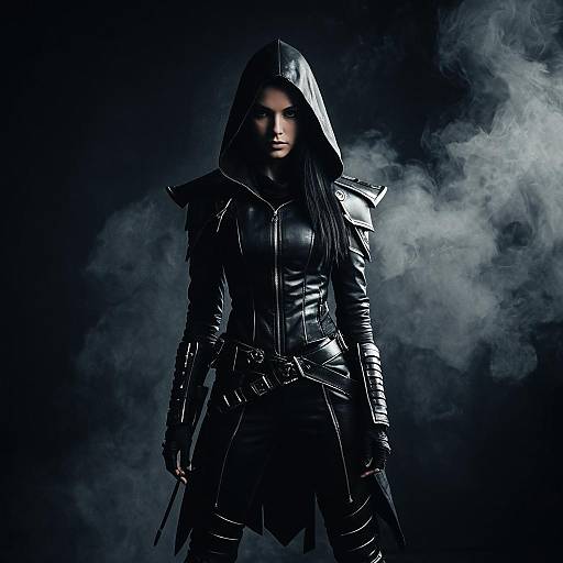 Futuristic Woman in Black Leather Hooded Outfit with Cyberpunk Style