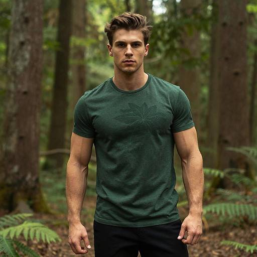 Young Man in Green T-Shirt Standing in Forest Nature Background