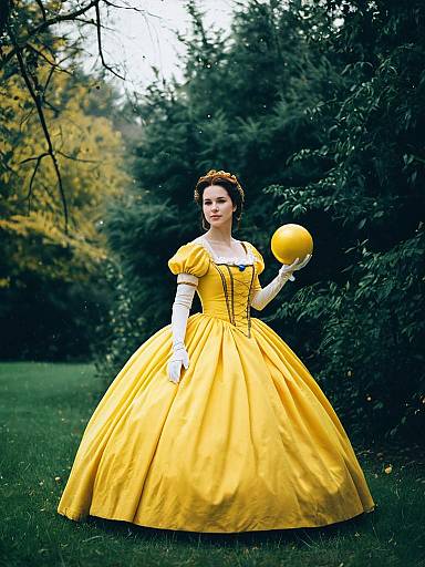 Woman in Yellow Belle Dress Full Body Cosplay with Yellow Ball Gown