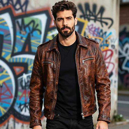 Man in Brown Leather Jacket with Urban Graffiti Background
