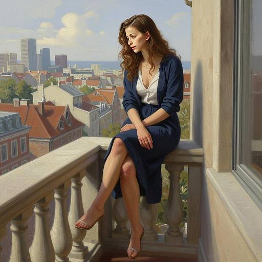 Thoughtful Woman Sitting on Balcony Overlooking Cityscape in Painterly Style