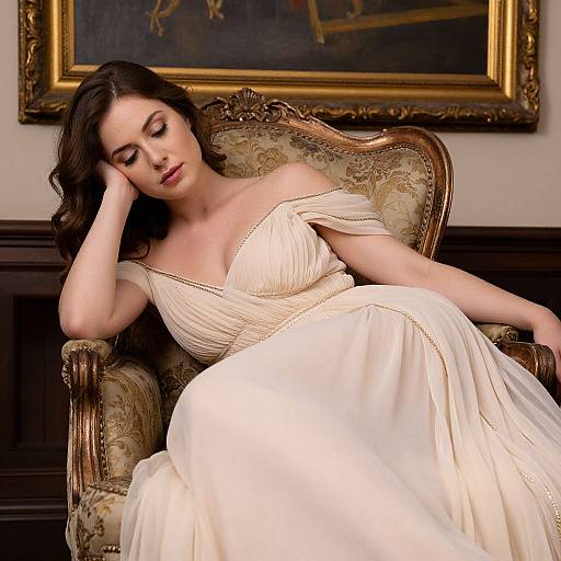 Elegant Woman in Cream Gown Relaxing on Vintage Armchair
