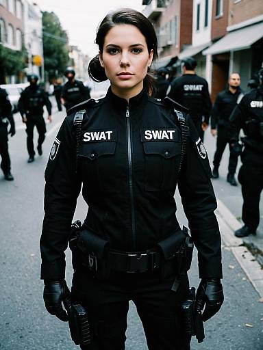 Woman in Black SWAT Halloween Costume with SWAT Team on Street