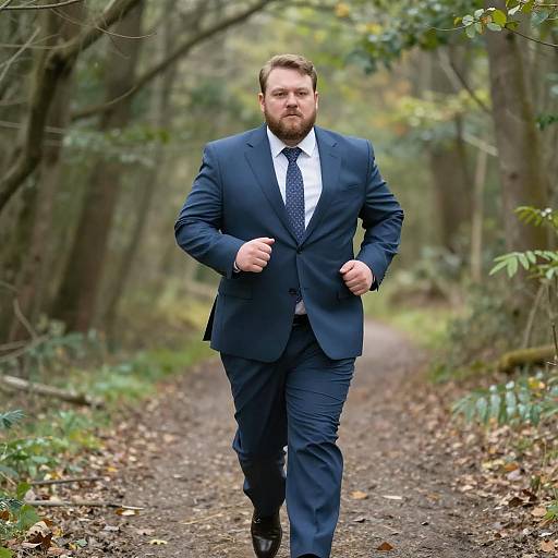 Man Jogging in Blue Suit on Forest Trail