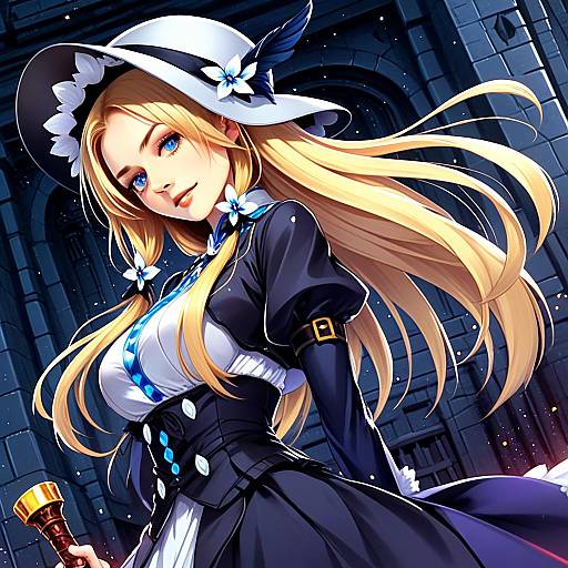 Fantasy Anime Witch Girl in Dark Elegant Costume with Flowers