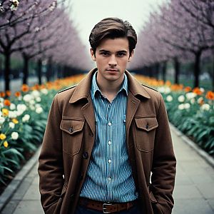 Confident Young Man in Blooming Pathway