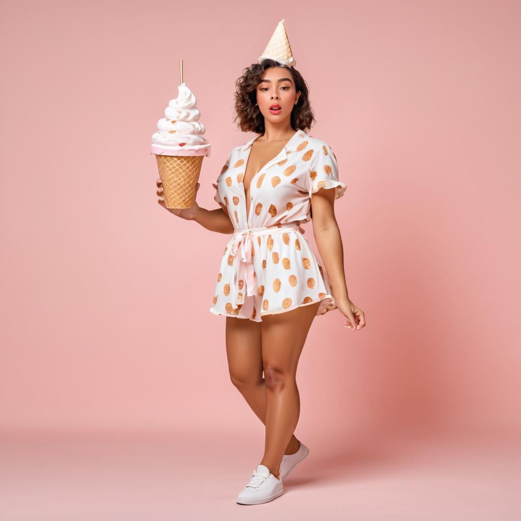 Stylish woman with ice cream and pineapple patterns