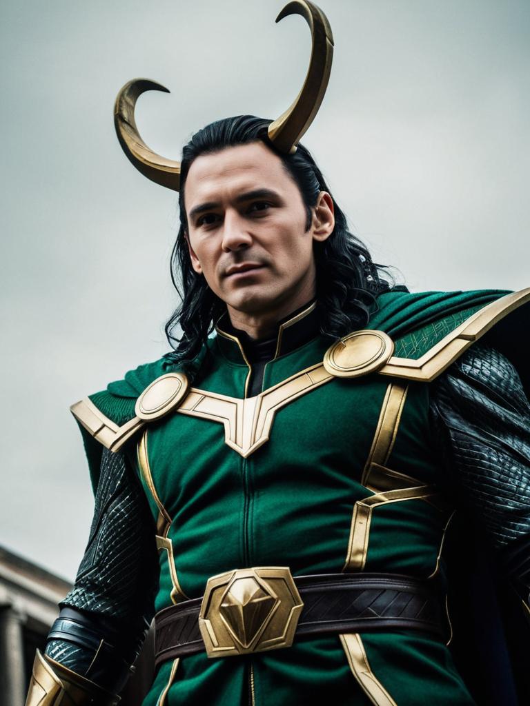 Man in Loki Costume Cinematic Realism Low Angle Dramatic Shot
