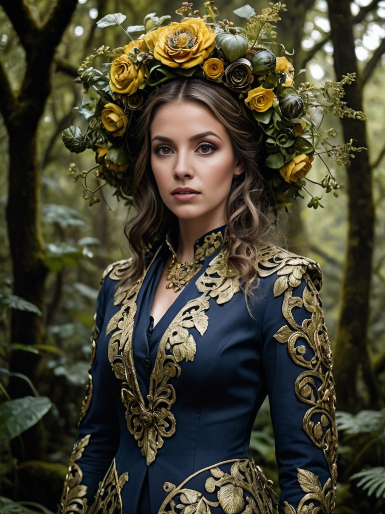 Enchanting Woman in Navy Gown in Lush Forest