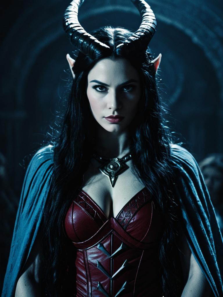 Woman in Lilith Goddess Costume with Horns Cinematic Fantasy Portrait