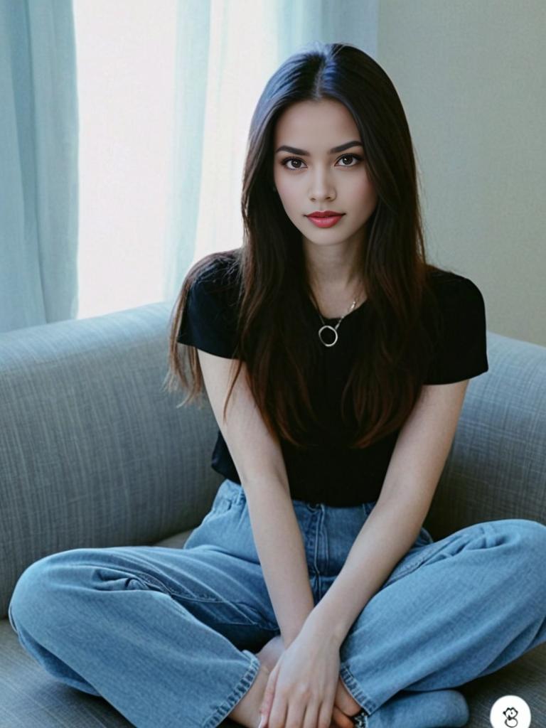 Thoughtful Young Woman on Grey Sofa - Vintage Ektachrome Style