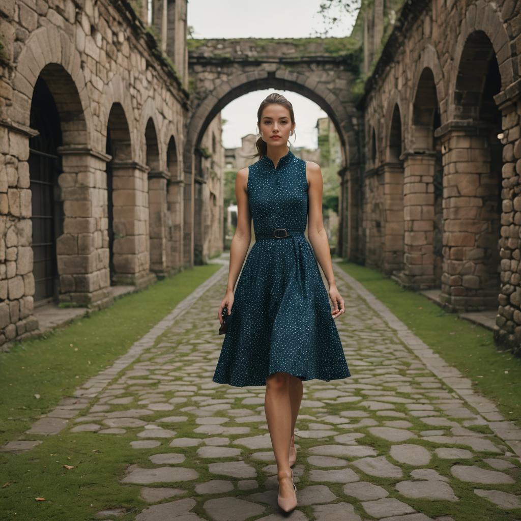 Woman in Polka Dot Dress Walking Through Historic Stone Archway Path