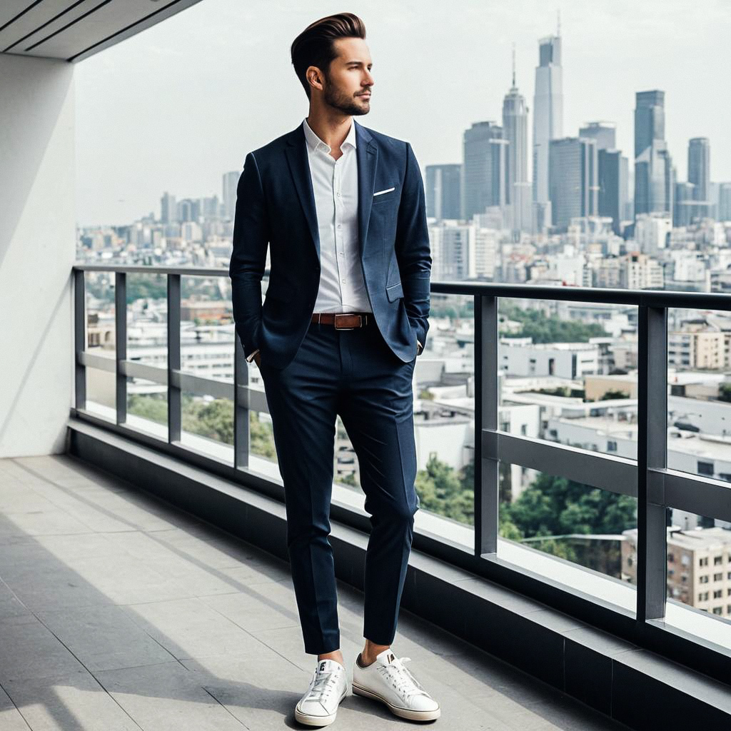 Man in Navy Suit on Urban Balcony