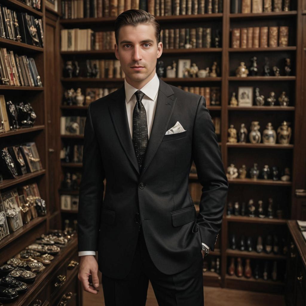 Elegant Man in Black Suit in Vintage Library