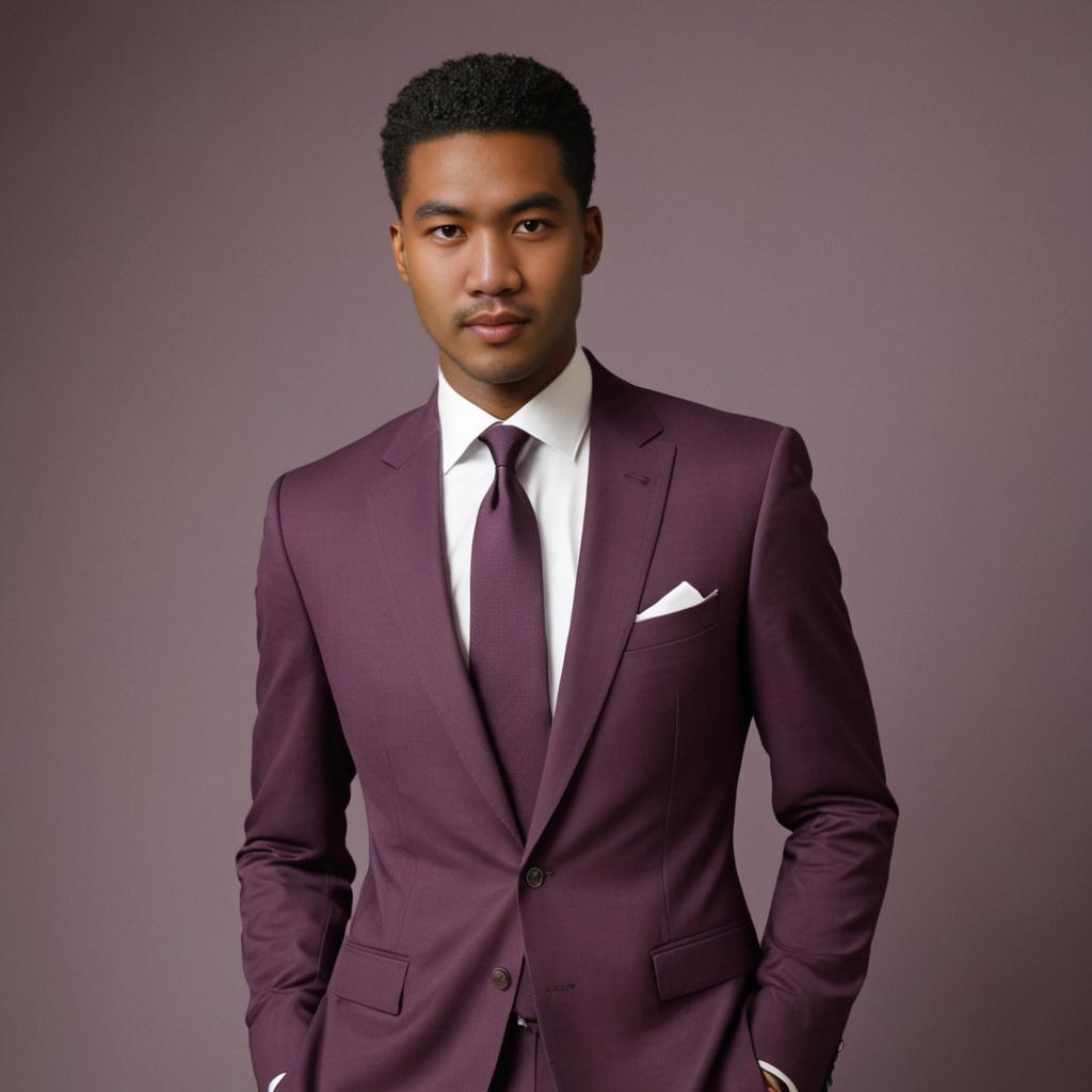 Confident man in plum suit with poised stance