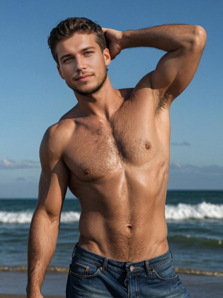 Man in jeans at beach