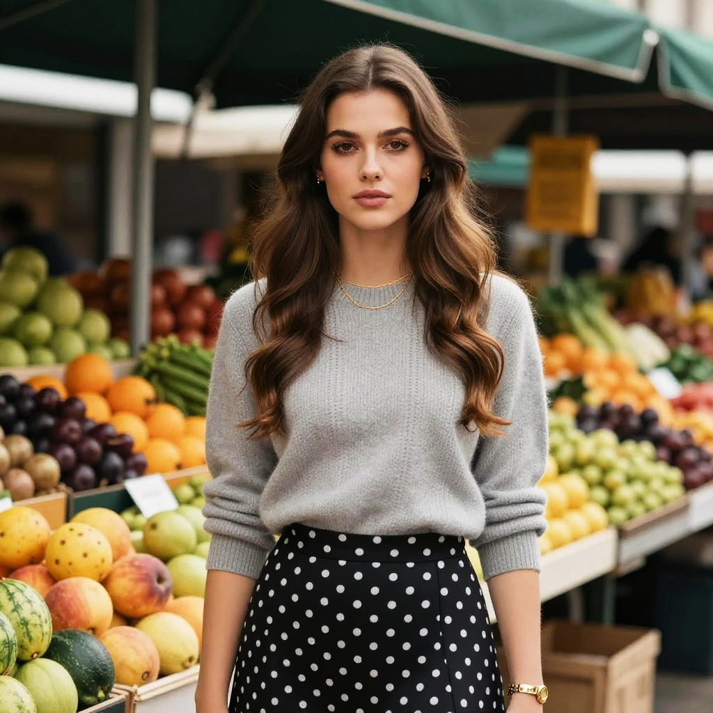 Young Woman in Grey Sweater and Polka Dot Skirt at Outdoor Fruit Market
