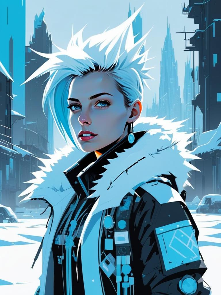 Futuristic Cyberpunk Woman with Spiky Hair in Winter Cityscape