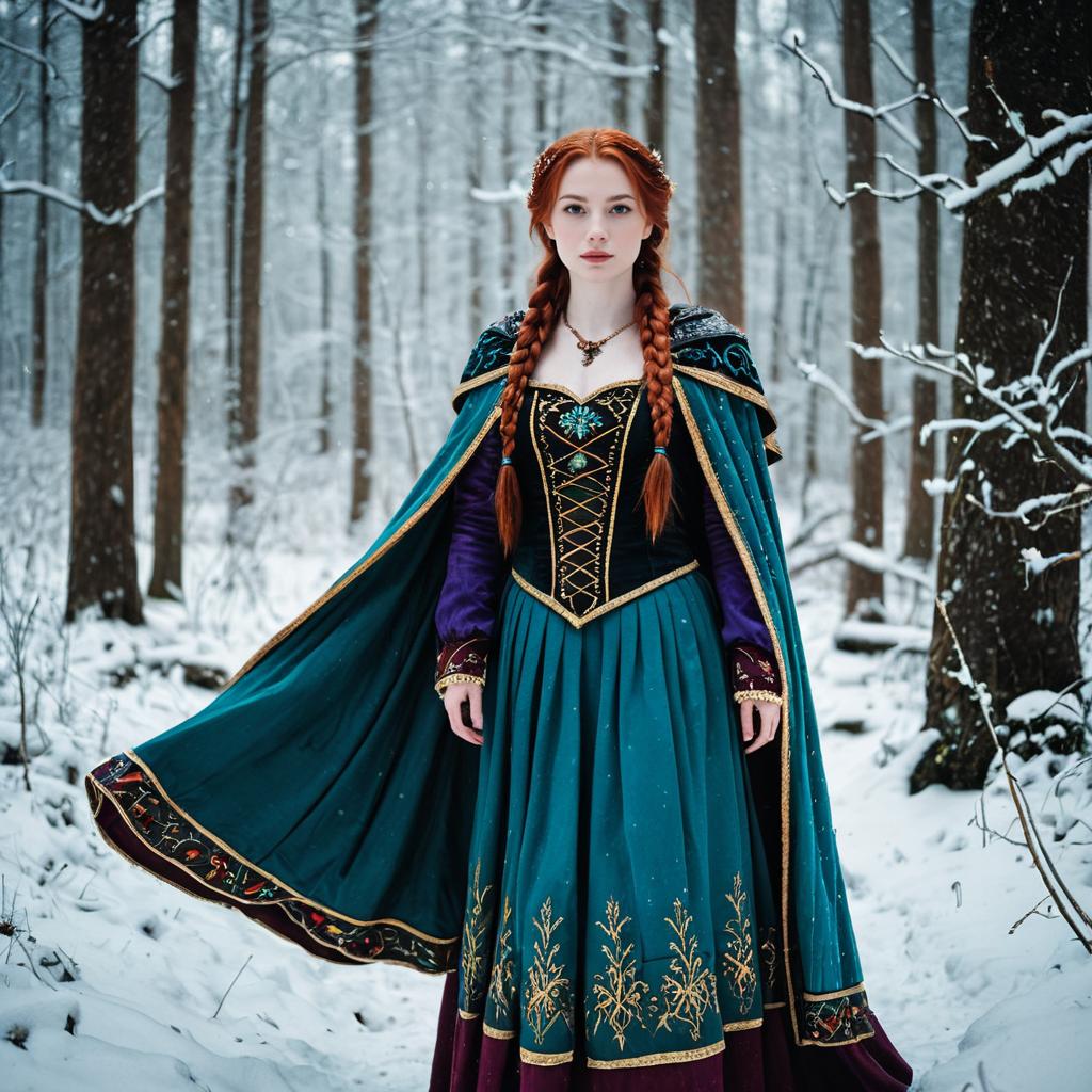 Confident Woman in Medieval Costume in Snowy Forest