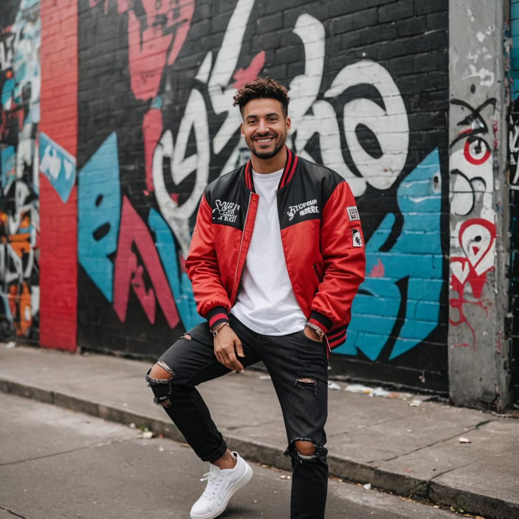 Stylish Man in Red Bomber Jacket Against Graffiti Wall