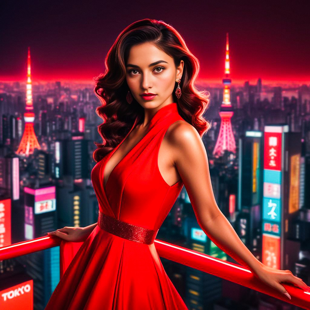 Stylish Woman in Red Dress Against Neon Cityscape Stylish Woman in Red Dress Against Neon Cityscape