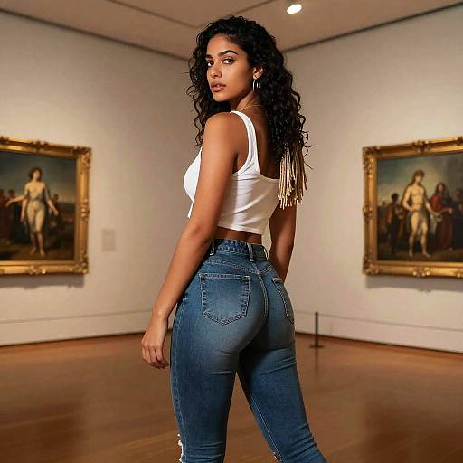Young Woman in White Crop Top and Jeans at Art Gallery