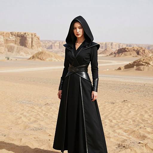 Woman in Black Hooded Cloak Standing in Desert - Modern Fantasy Style