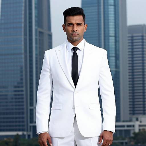Man in White Suit with Black Tie in Urban Business District