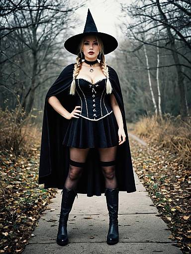 Blonde Woman in Corset Witch Costume with Twin Braids and Black Cape