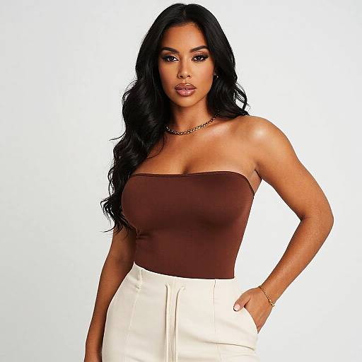 Stylish Woman in Strapless Brown Top and Cream High-Waisted Pants