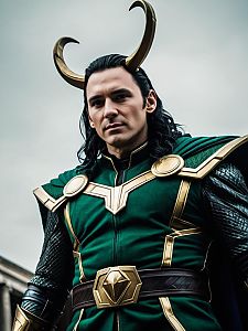 Man in Loki Costume Cinematic Realism Low Angle Dramatic Shot