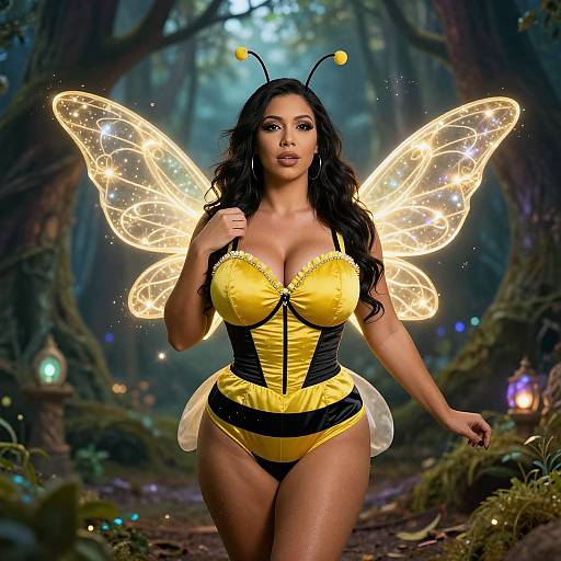 Enchanting Woman in Glowing Bee Costume with Fairy Wings in Magical Forest