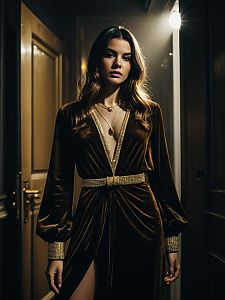 Chic Woman in Rich Brown Velvet Bodysuit with Deep V Neckline and Sparkling Accents