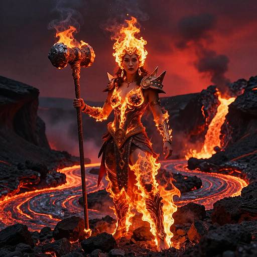 Fiery Woman Warrior in Volcanic Lava Landscape Holding Hammer