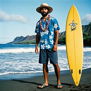 Man on Beach with Surfboard in Hawaiian Shirt