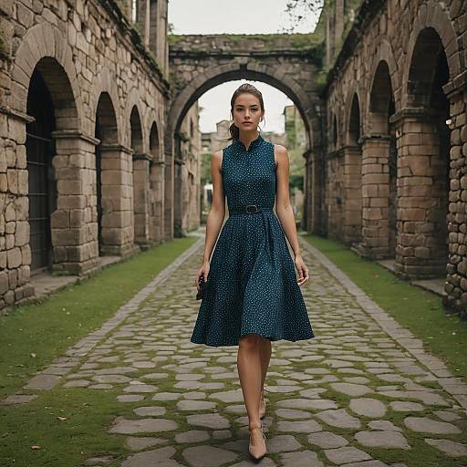 Woman in Polka Dot Dress Walking Through Historic Stone Archway Path