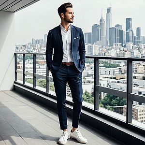 Man in Navy Suit on Urban Balcony