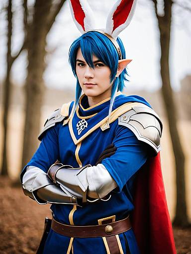 Alfonse Fire Emblem Cosplay Man in Blue Armor with Bunny Ears