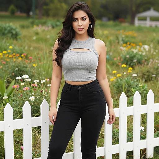 Curvy Woman in Grey Ribbed Cut-Out Crop Top and Black Jeans Streetwear