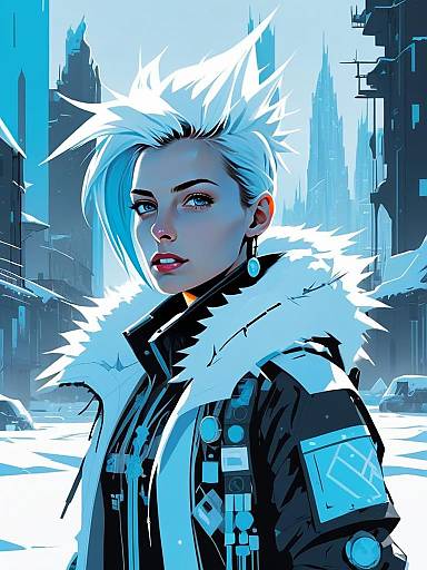 Futuristic Cyberpunk Woman with Spiky Hair in Winter Cityscape