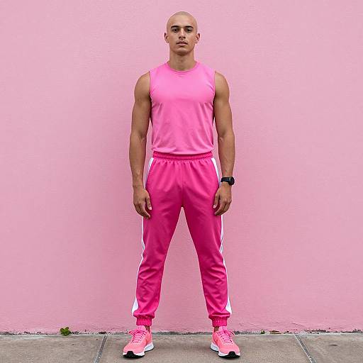 Young Man Wearing Pink Athletic Outfit Standing Against Pink Wall