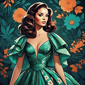 Elegant Woman in Emerald Green Gown with Floral Patterns