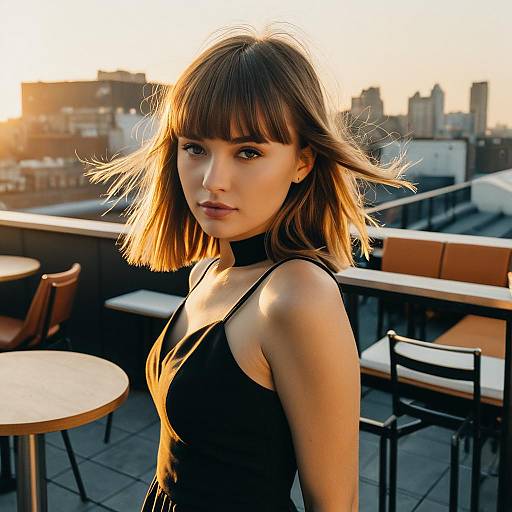 Young Woman in Black Dress on Rooftop Terrace at Golden Hour