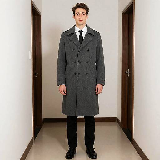 Man in Long Gray Coat Standing in Hallway - Formal Classic Style