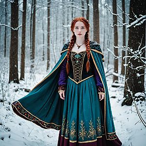 Confident Woman in Medieval Costume in Snowy Forest