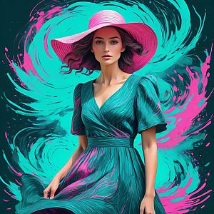 Woman in Teal Dress and Pink Hat