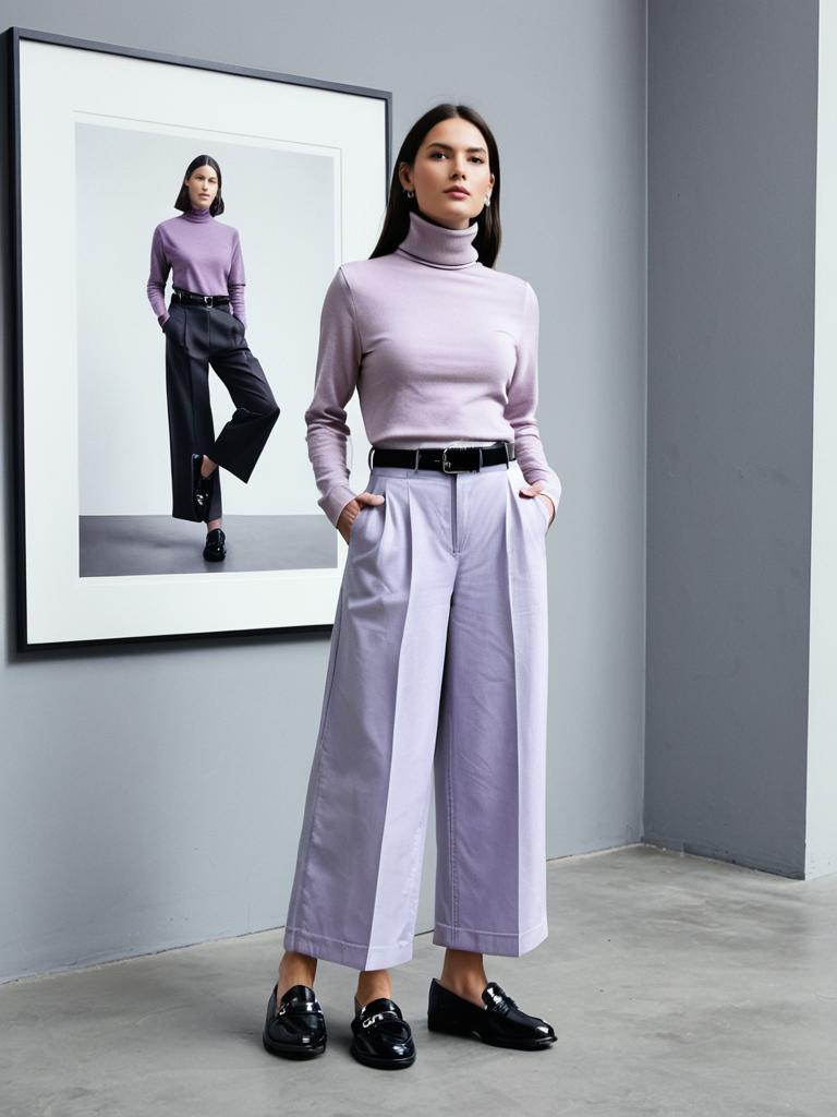 Stylish Woman in Lilac Turtleneck and Wide-Leg Trousers Indoor Fashion Portrait
