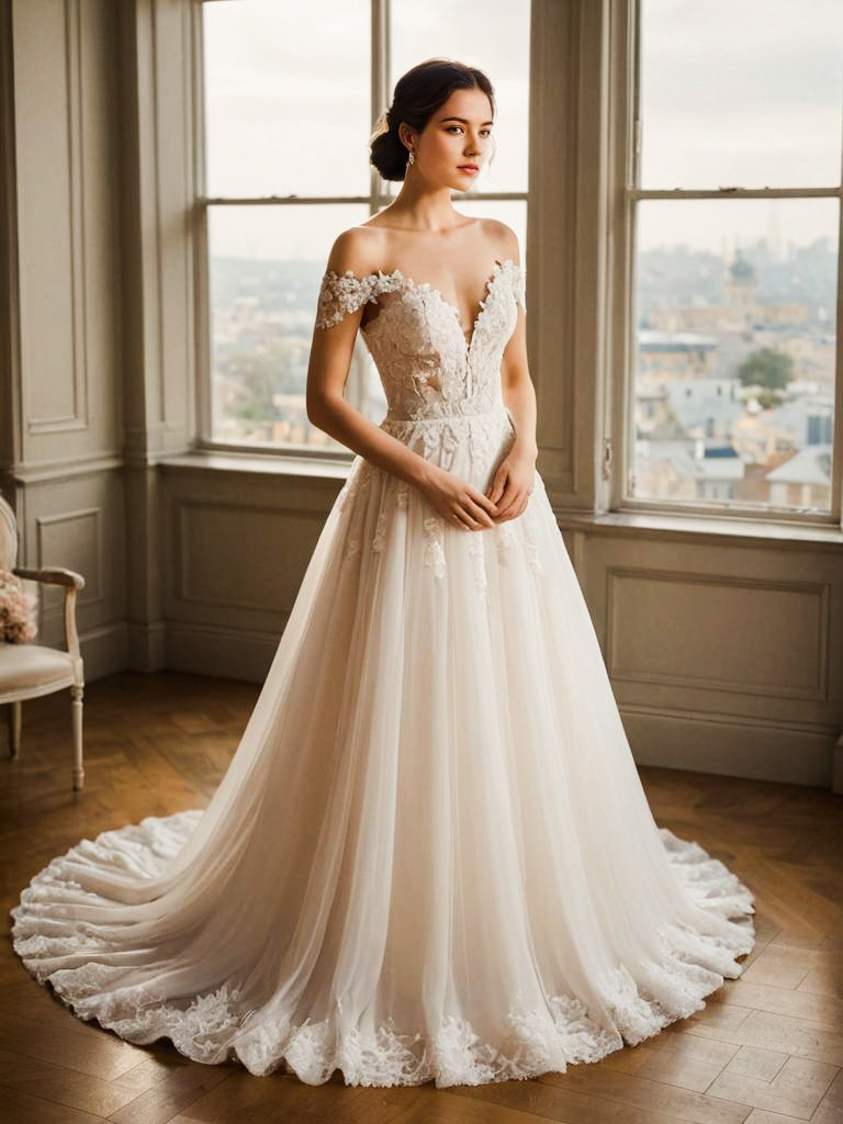 Elegant Woman in Off-the-Shoulder Wedding Gown