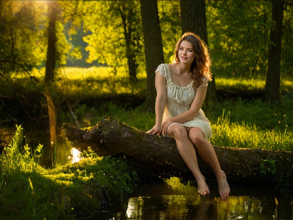 Young Woman in White Dress in Serene Forest